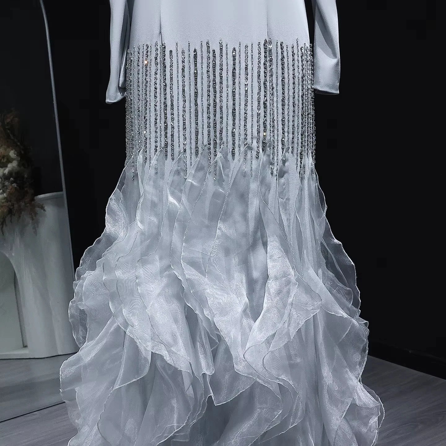 Jancember LSZ039 Elegant Silver Evening Dress Long Sleeve Mermaid Prom Gown Ruffle Party Marriage