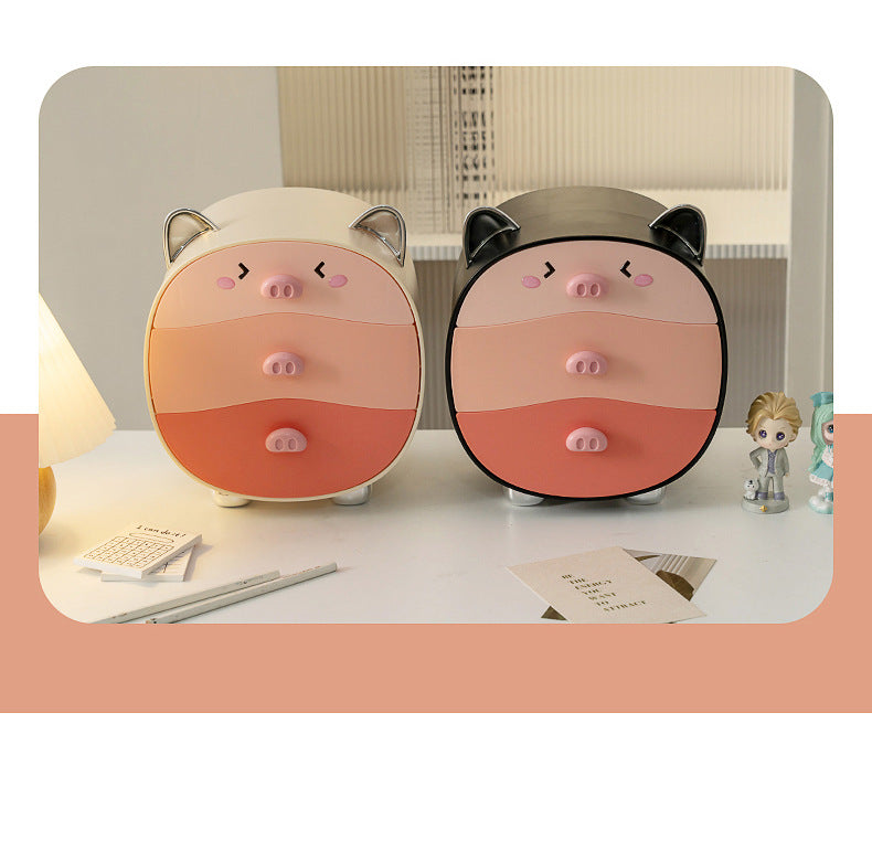Plastik Dopamin Rosa Niedliches Schwein Schlafzimmer Kosmetik Aufbewahrungsbox - Schmuck Staubdichter Desktop-Organizer mit Schubladen