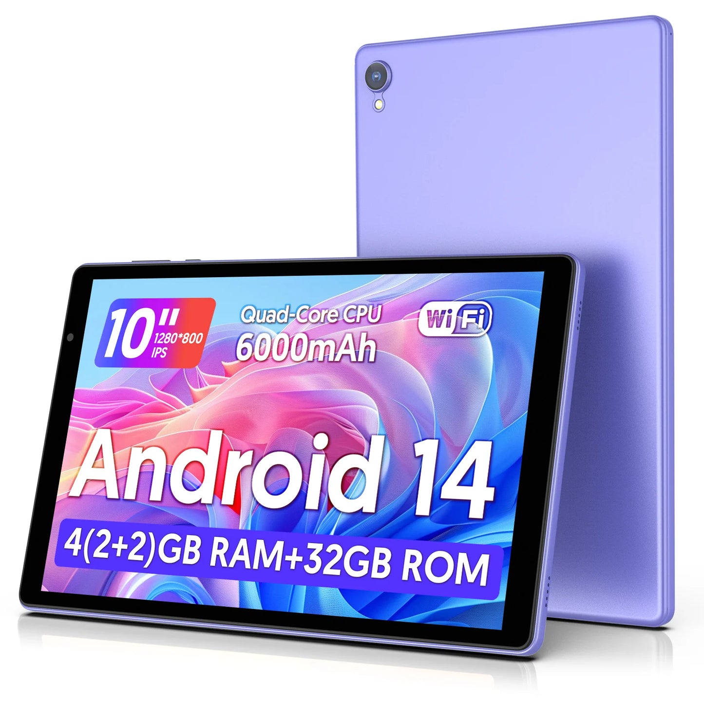 Android 14 Tablet 10 Zoll - Quad-Core-Prozessor, 5G WiFi, 4GB RAM + 32GB ROM, 1280x800 Bildschirm, 6000mAh Akku