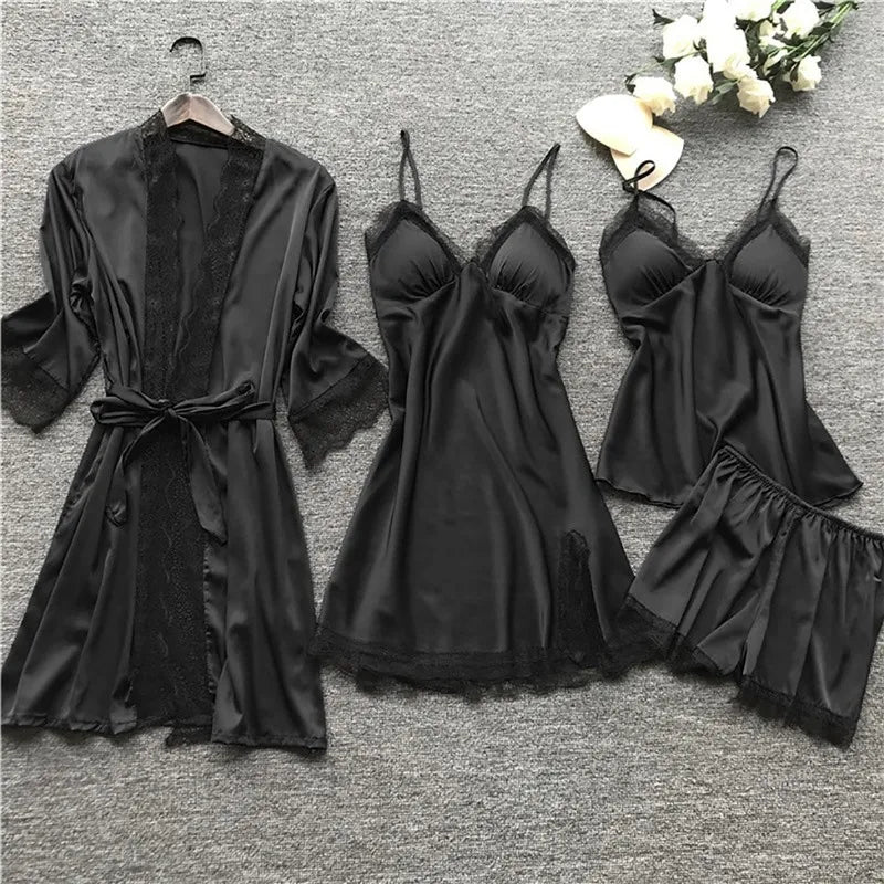 Ladies Ice Silk Sexy 4 Piece Pajama Set Camisole Nightgown with Robe Lace Design Built In Chest Pad Comfortable Loungewear