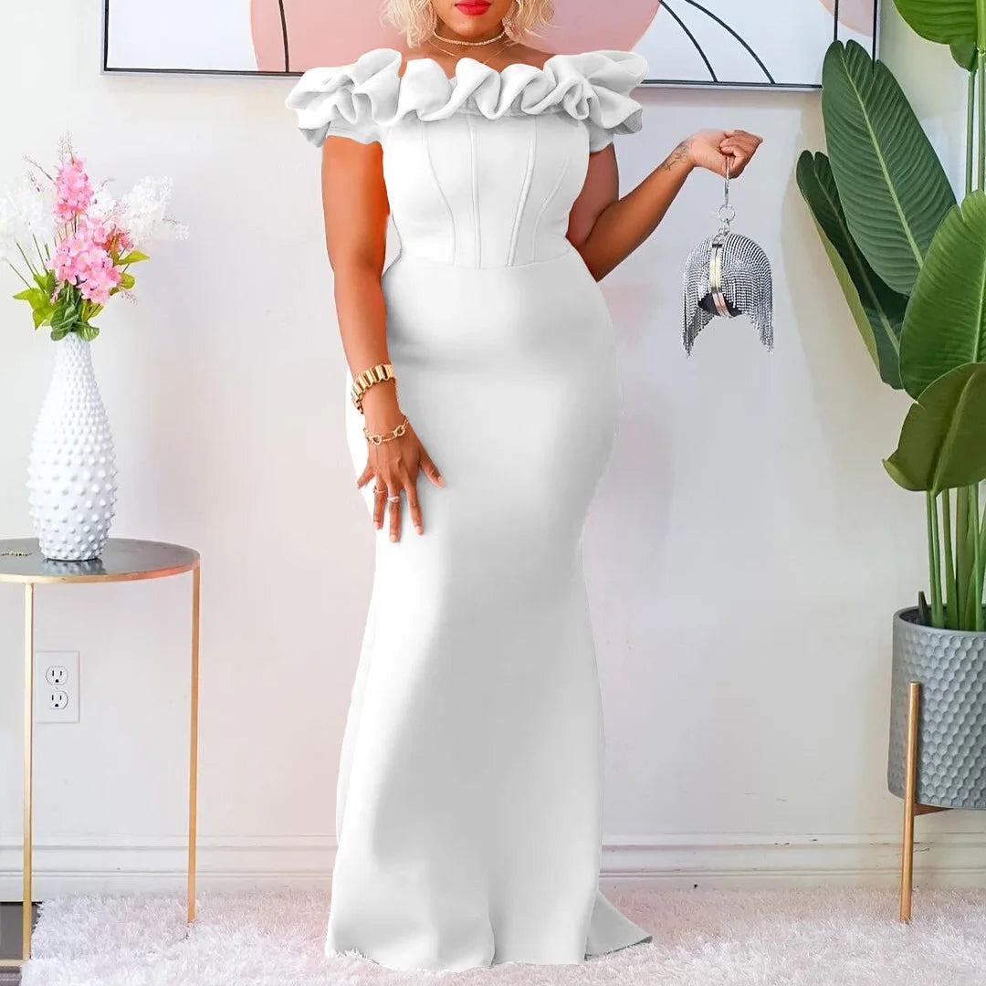 New Solid Color Fishtail Dress Wooden Ear Side Slim Women's Evening Dresses African Long Dress Fashion