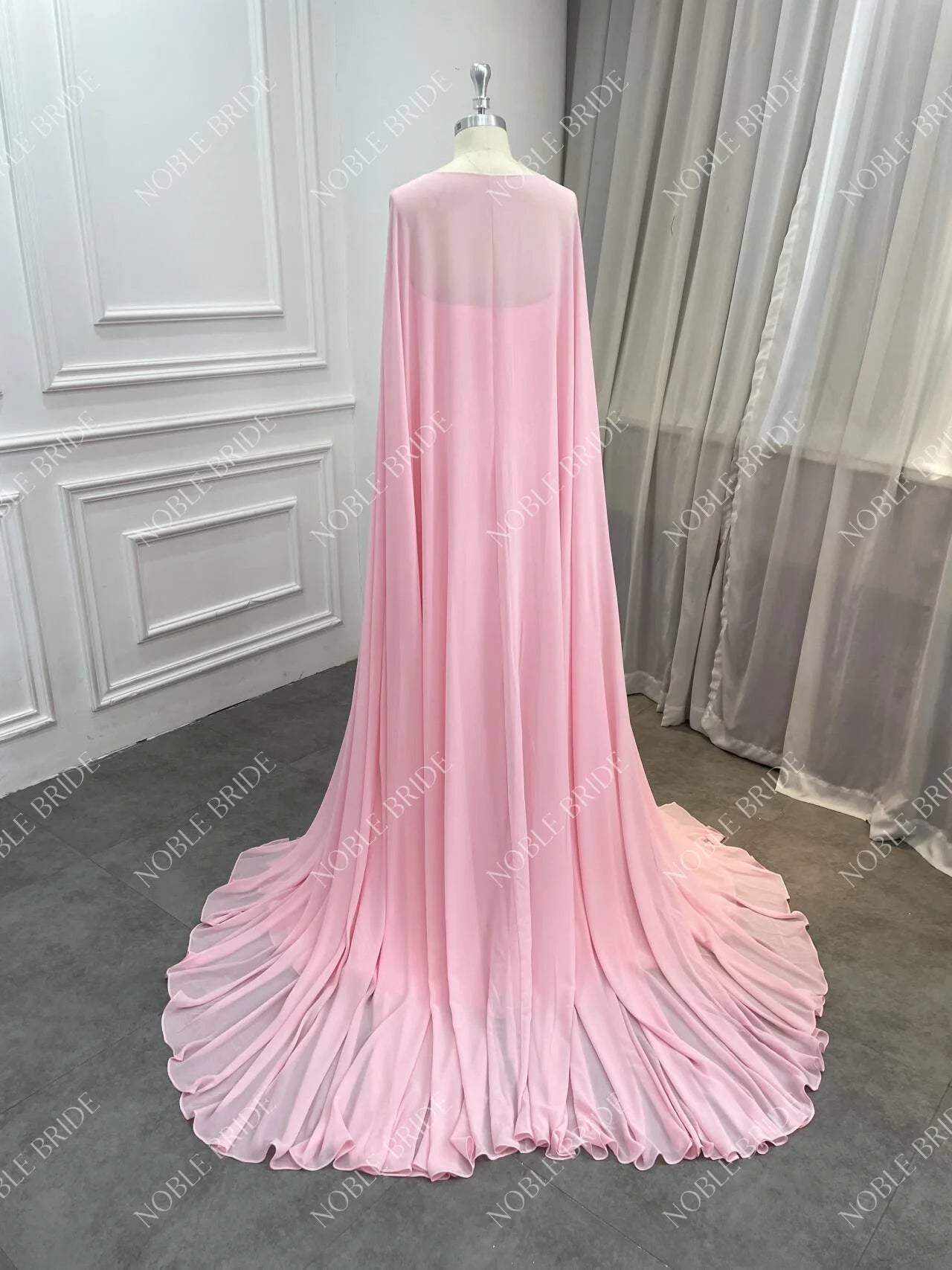 Women Fashion Wear Sweetheart Neckline Pleats Chiffon Skirt Modest Cape Formal Pink Elegant Evening Dress