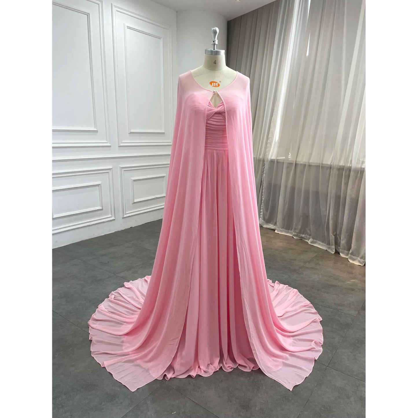 Women Fashion Wear Sweetheart Neckline Pleats Chiffon Skirt Modest Cape Formal Pink Elegant Evening Dress