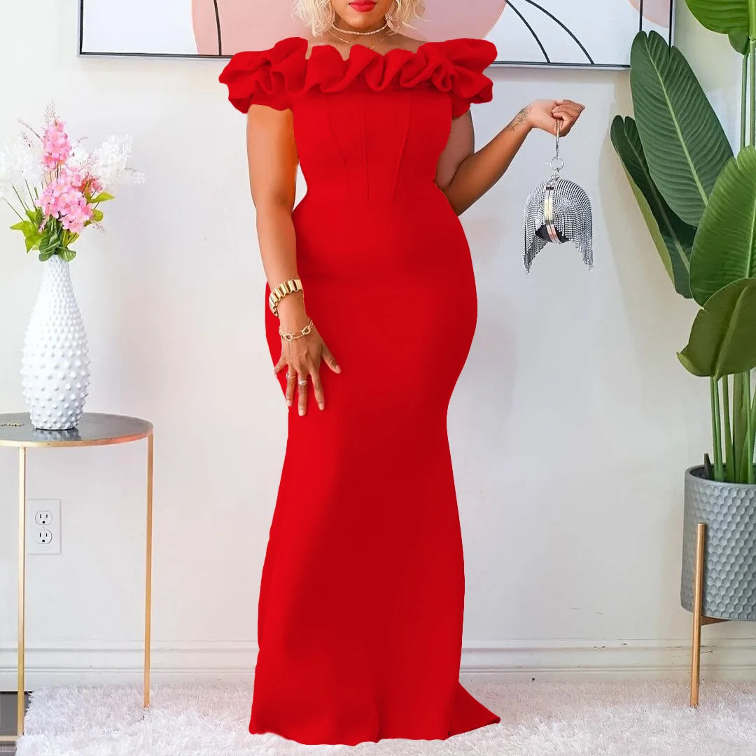 New Solid Color Fishtail Dress Wooden Ear Side Slim Women's Evening Dresses African Long Dress Fashion