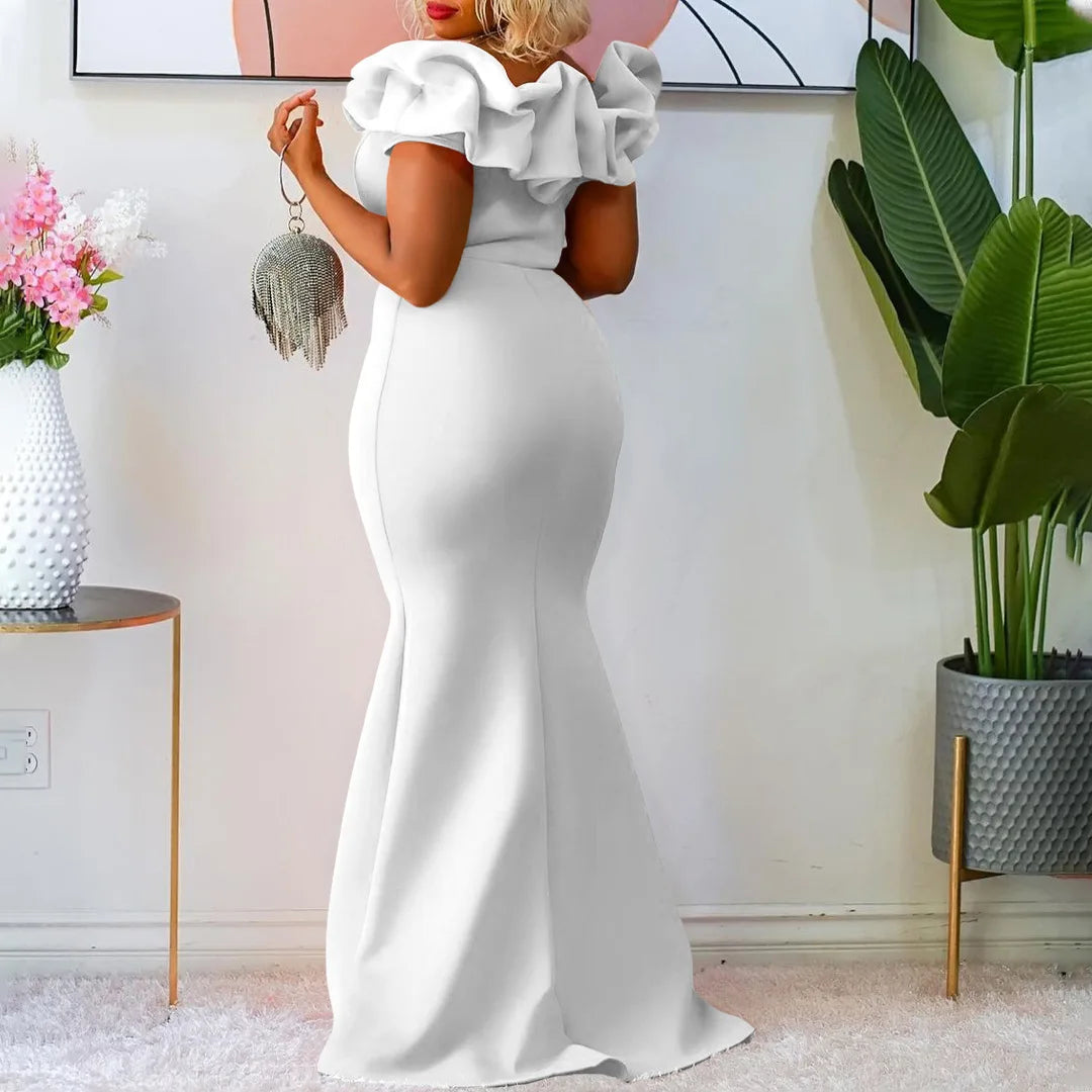New Solid Color Fishtail Dress Wooden Ear Side Slim Women's Evening Dresses African Long Dress Fashion