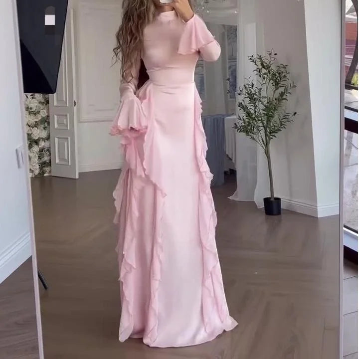 New Lace Flared Sleeve Round Neck  French Women's Ruffle Dresses Sehe Fashion