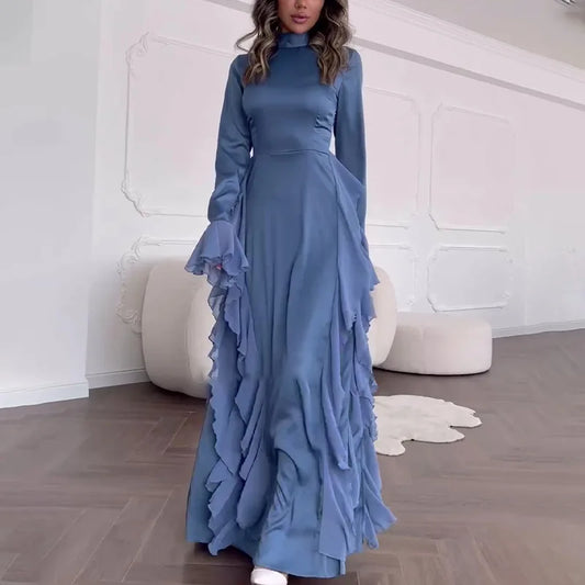 Neues Spitzenkleid mit ausgestellten Ärmeln, Rundhals, französischen Rüschen für Damen, Sehe Fashion