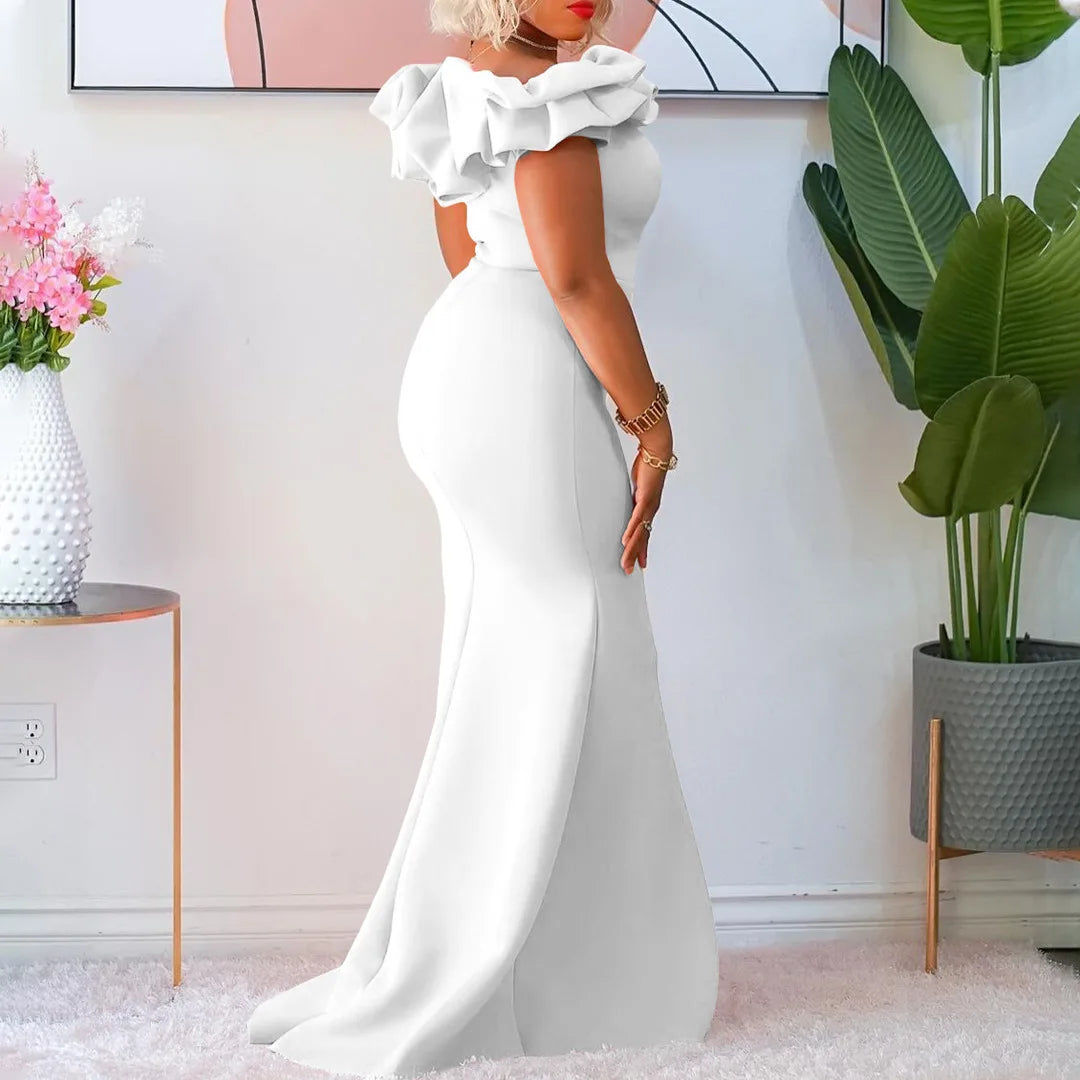New Solid Color Fishtail Dress Wooden Ear Side Slim Women's Evening Dresses African Long Dress Fashion