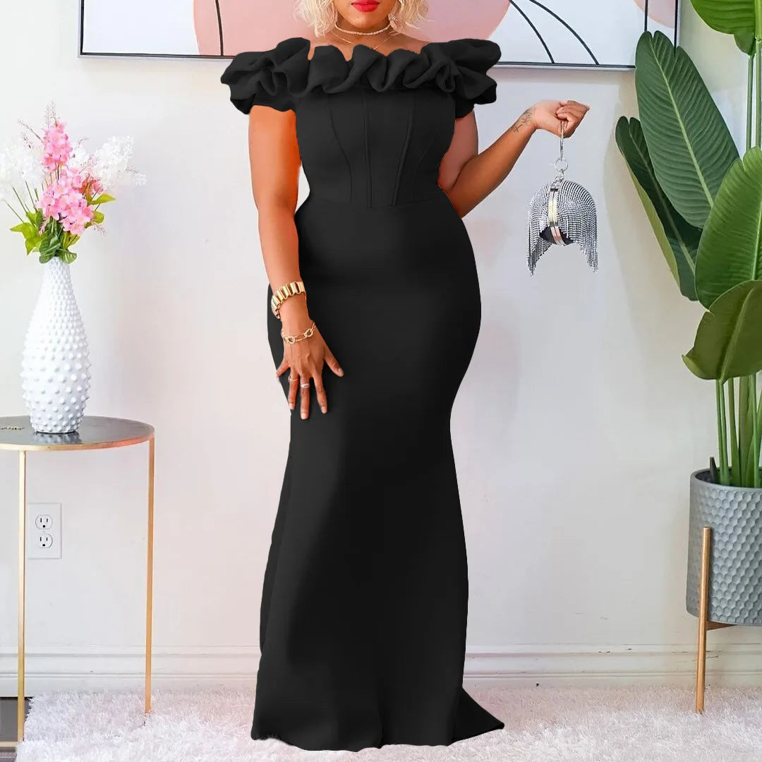 New Solid Color Fishtail Dress Wooden Ear Side Slim Women's Evening Dresses African Long Dress Fashion