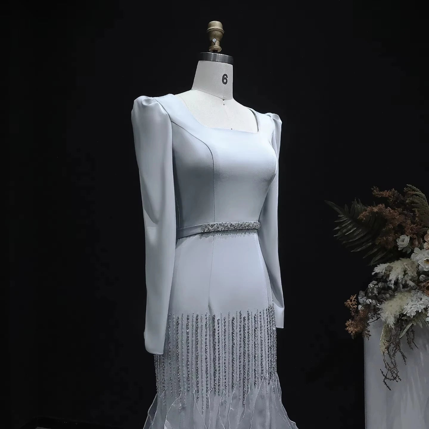 Jancember LSZ039 Elegant Silver Evening Dress Long Sleeve Mermaid Prom Gown Ruffle Party Marriage