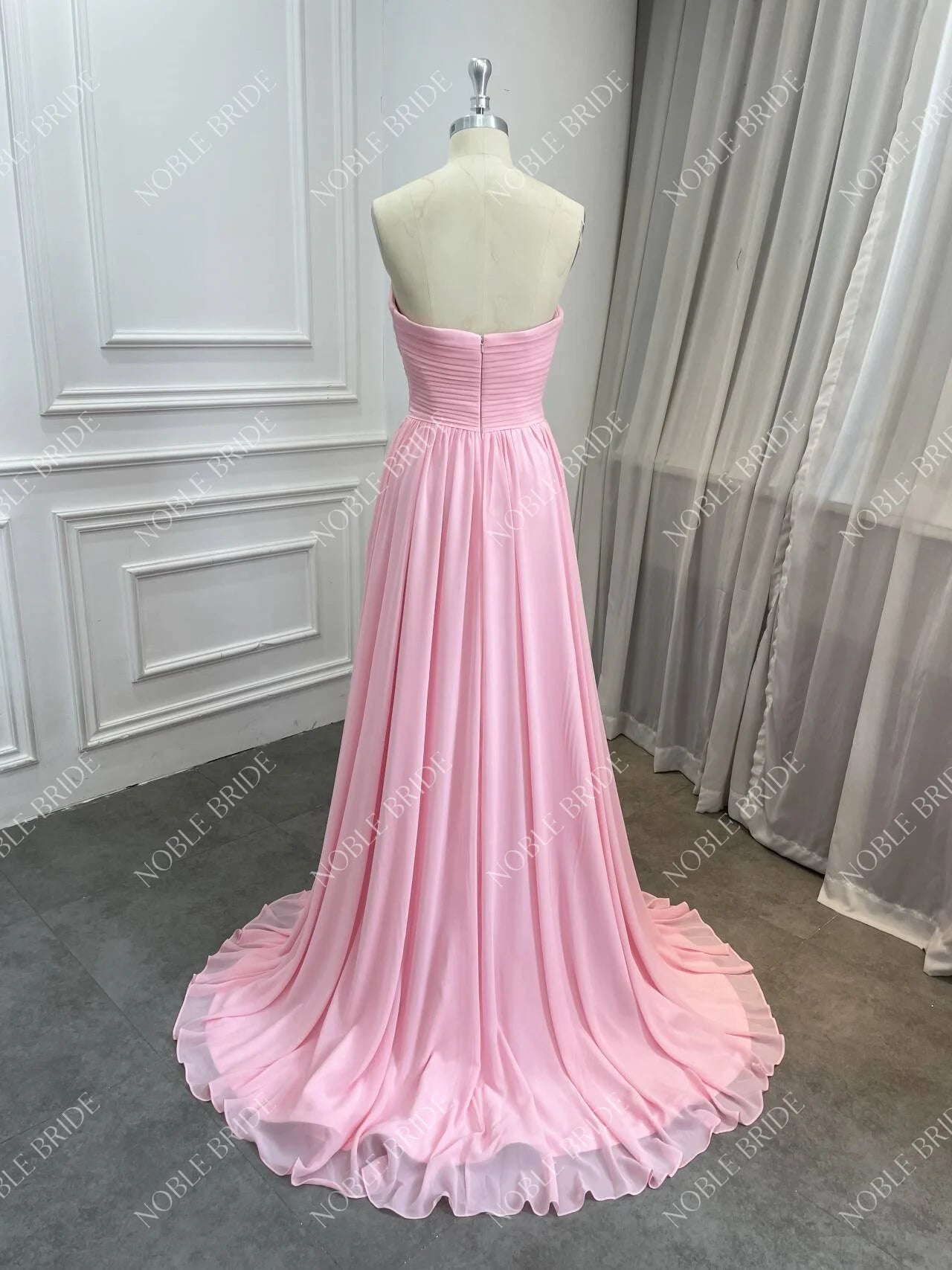 Women Fashion Wear Sweetheart Neckline Pleats Chiffon Skirt Modest Cape Formal Pink Elegant Evening Dress