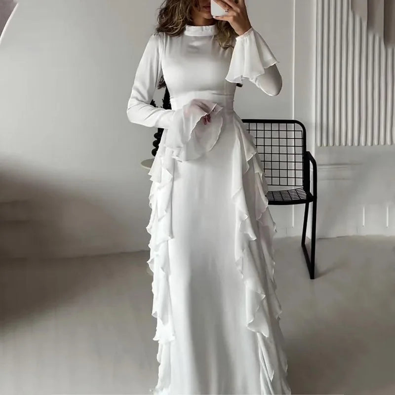 New Lace Flared Sleeve Round Neck  French Women's Ruffle Dresses Sehe Fashion