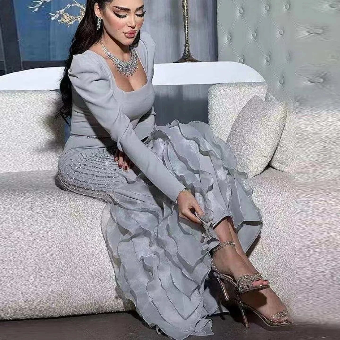 Jancember LSZ039 Elegant Silver Evening Dress Long Sleeve Mermaid Prom Gown Ruffle Party Marriage