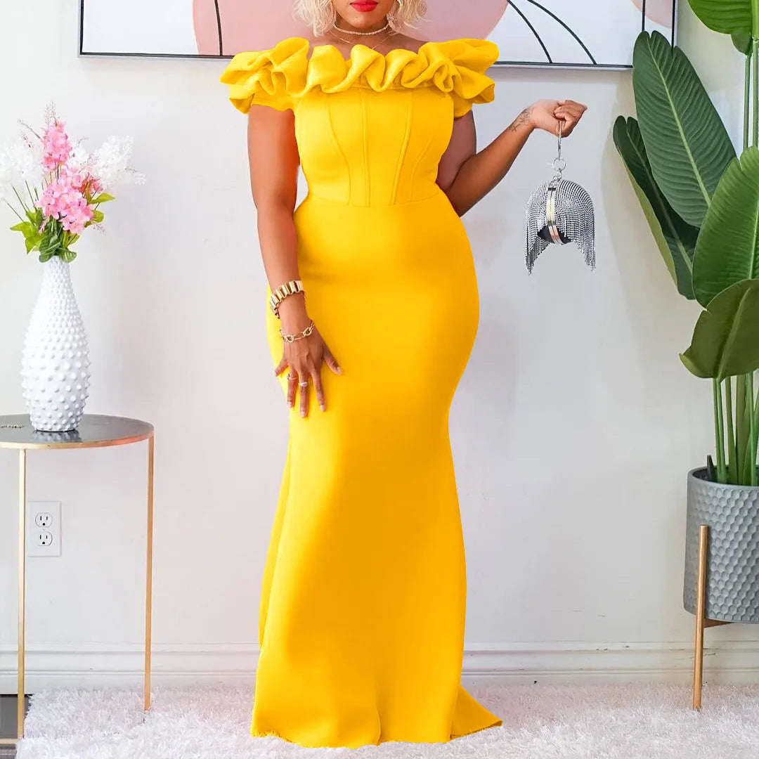 New Solid Color Fishtail Dress Wooden Ear Side Slim Women's Evening Dresses African Long Dress Fashion