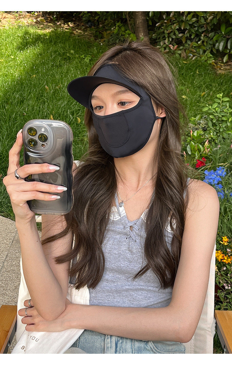 Summer Uv Protection Sunscreen Mask Facekini for Women, Full-Face Sunshade Breathable Black Rubber Brim Contouring Sunscreen Mask