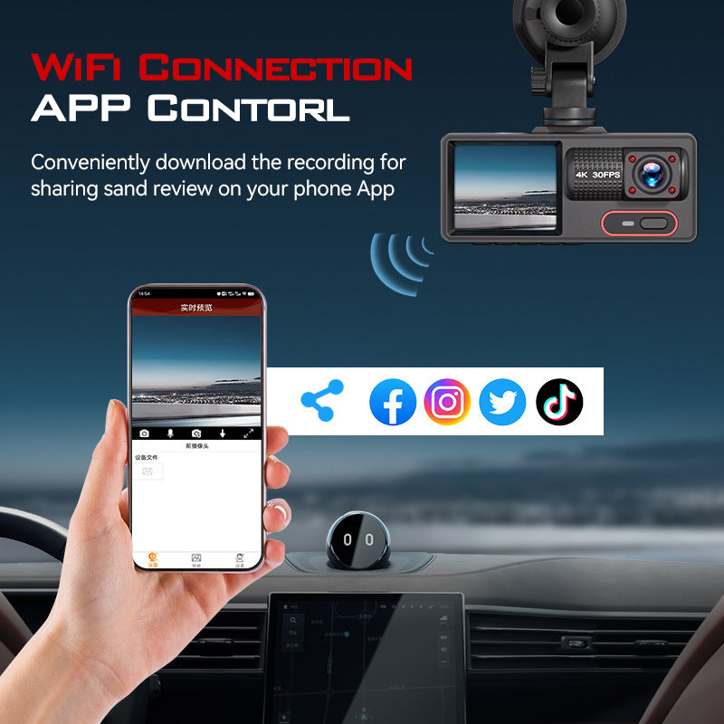 Yeni HD 1080P Üç Kayıtlı Araç Kamerası WiFi Bağlantılı Kızılötesi Gece Görüşü Park İzleme Geri Görüş