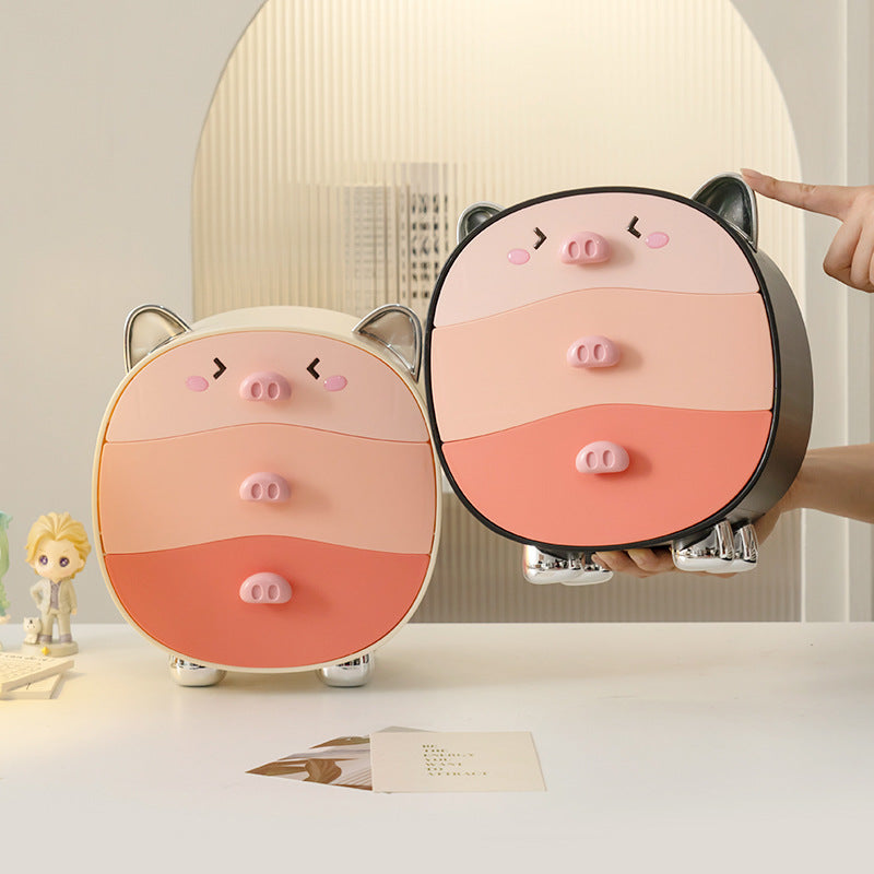 Plastic Dopamine Pink Cute Pig Bedroom Cosmetic Storage Box - Jewelry Dustproof Desktop Organizer with Drawers