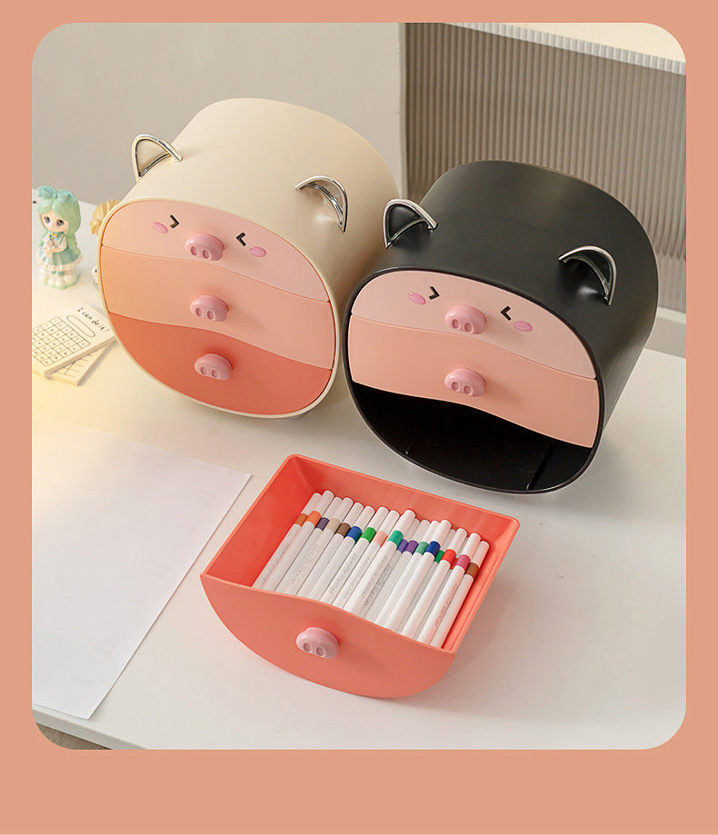 Plastic Dopamine Pink Cute Pig Bedroom Cosmetic Storage Box - Jewelry Dustproof Desktop Organizer with Drawers