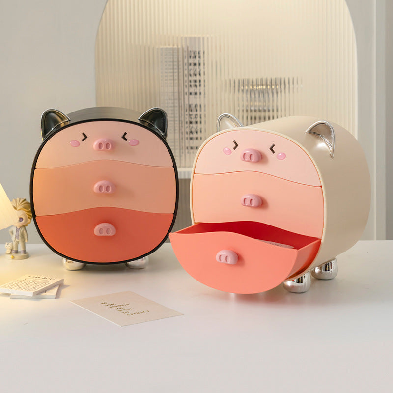 Plastik Dopamin Pembe Sevimli Domuz Yatak Odası Kozmetik Saklama Kutusu - Çekmeceli Mücevher Toz Geçirmez Masaüstü Organizör
