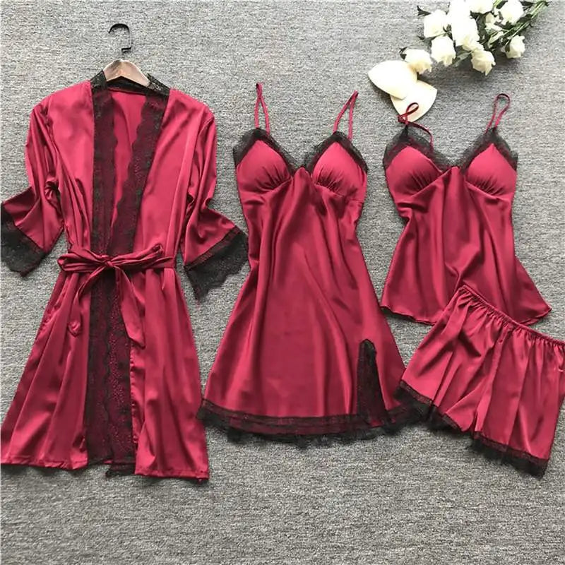 Ladies Ice Silk Sexy 4 Piece Pajama Set Camisole Nightgown with Robe Lace Design Built In Chest Pad Comfortable Loungewear