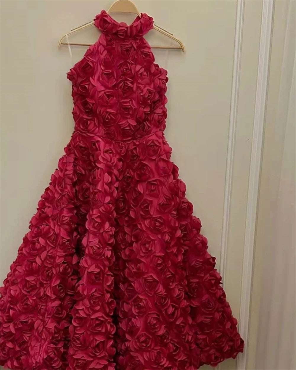 Customized Eleagnt Halter A-line Empire Party Dress 3D Flower Ankle Length Sleeveless Lace Formal Evening Gowns فستان 이브닝드레스