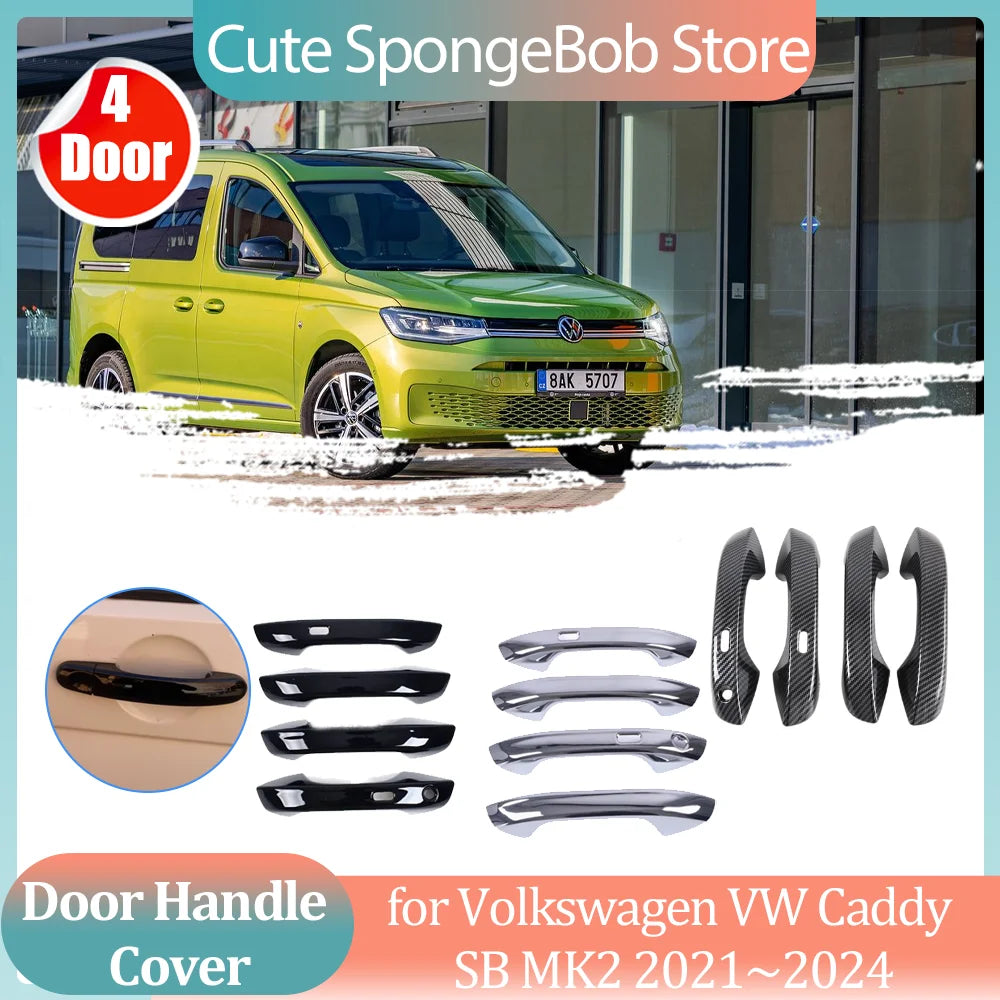 Car Handle Cover for Volkswagen VW Caddy SB MK2 2021~2024 2022 Carbon Fiber Black Door Decor Sticker Trim Strip Cap Accessories
