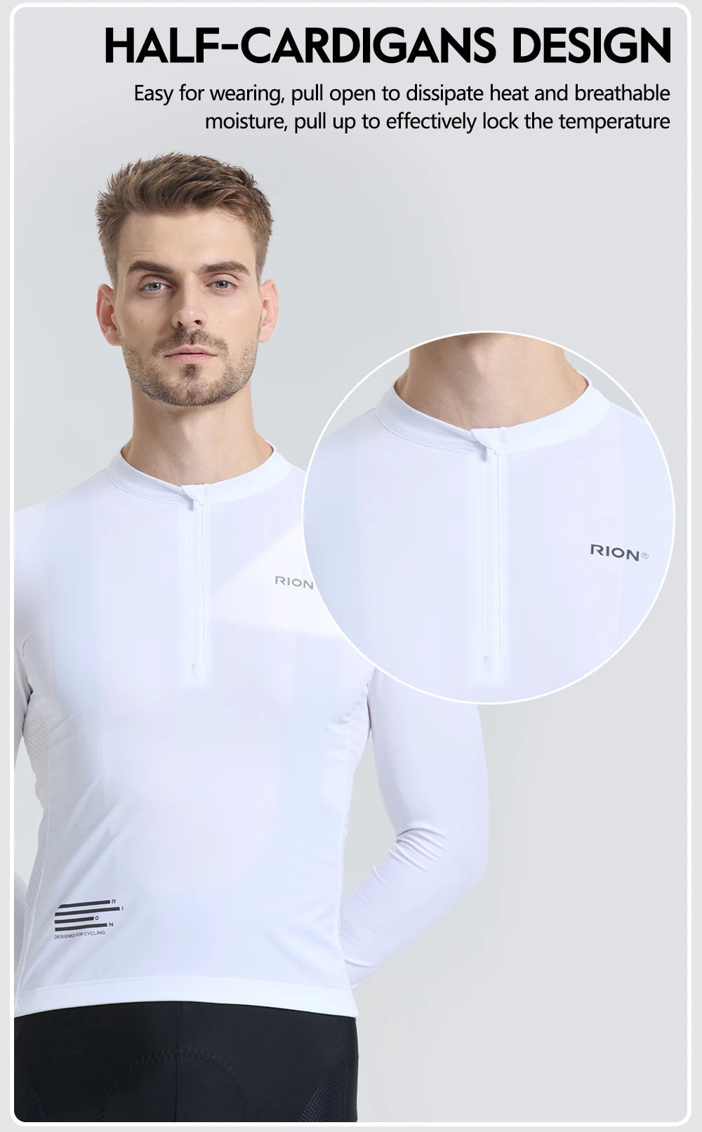 RION Cycling Jersey Men's Bicycle Shirts Half Zipper Long Sleeves Road Bike Clothing Sun Protection UPF 50+ Slim Fit 15℃- 24℃