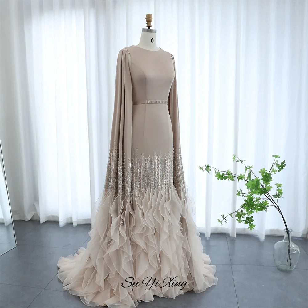 Classic Long Sleeves Organza Party Dress Temperament O-Neck Customized Evening Dress Elegant Pearls Sequined Prom Gown with Belt