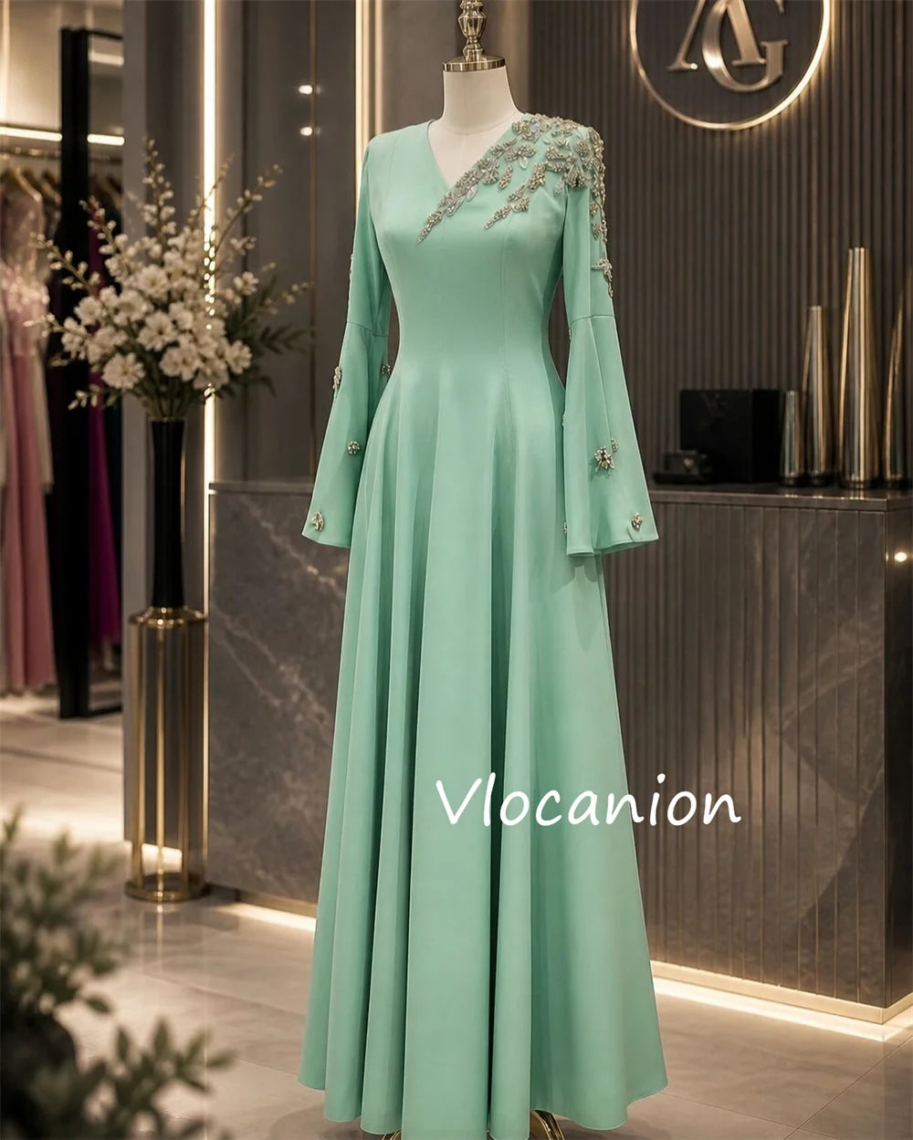 Customized Fashion Jersey Pleat Sequined A-line V-neck Long Bespoke Occasion Celebrity Dresses Chinese Style