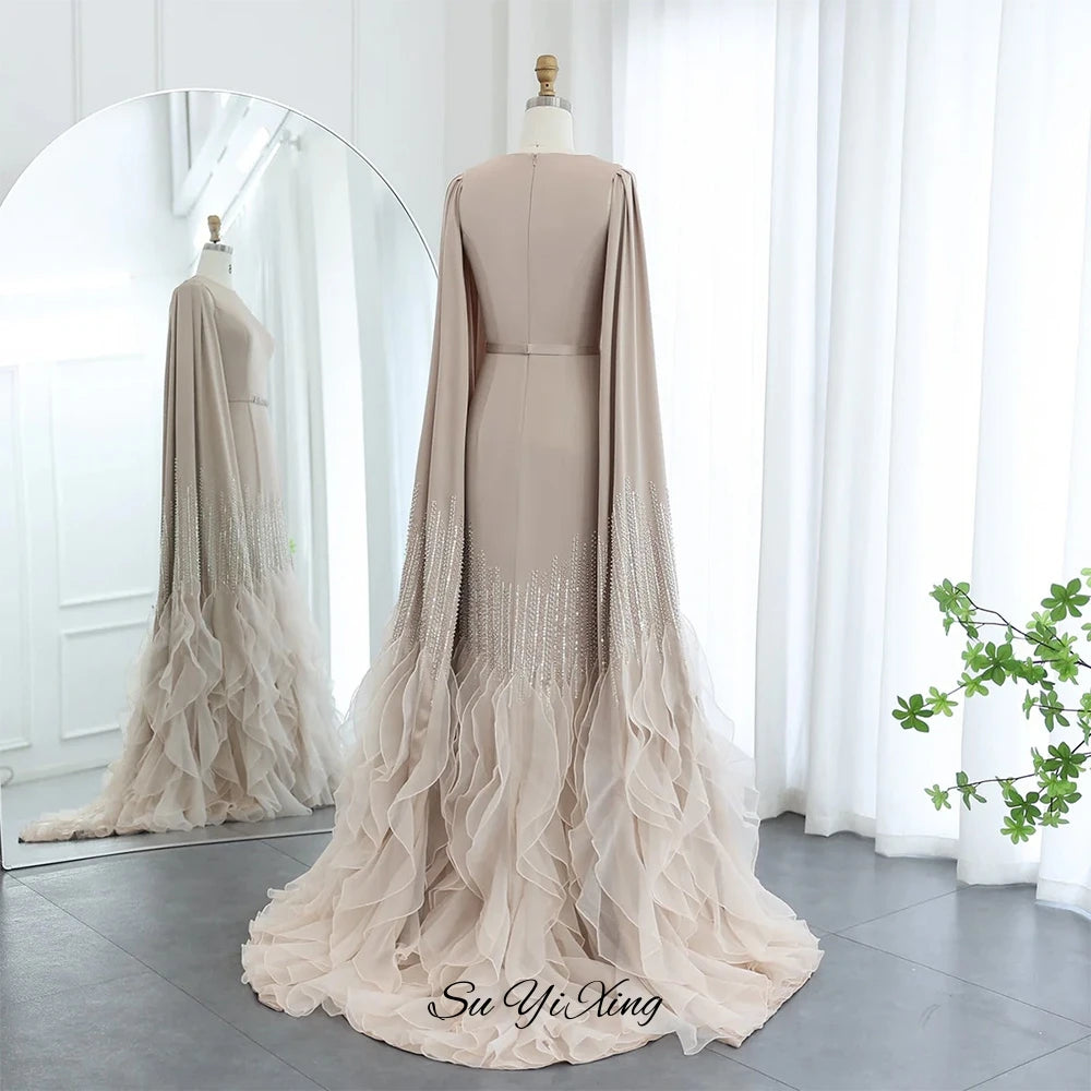 Classic Long Sleeves Organza Party Dress Temperament O-Neck Customized Evening Dress Elegant Pearls Sequined Prom Gown with Belt