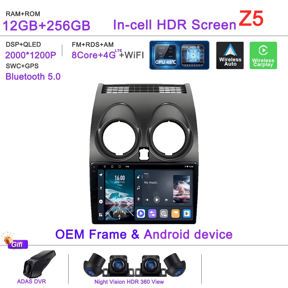 Android 16 Car Radio Carplay For Nissan Qashqai J10 2006 - 2013 Stereo Head Unit Multimedia Player No 2din DVD QLED Screen 5G