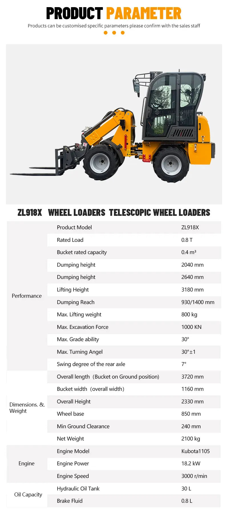 EPA certified ZL918X telescopic loader with multiple uses of 800kg per machine