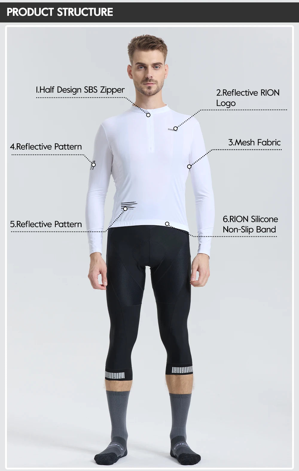 RION Cycling Jersey Men's Bicycle Shirts Half Zipper Long Sleeves Road Bike Clothing Sun Protection UPF 50+ Slim Fit 15℃- 24℃