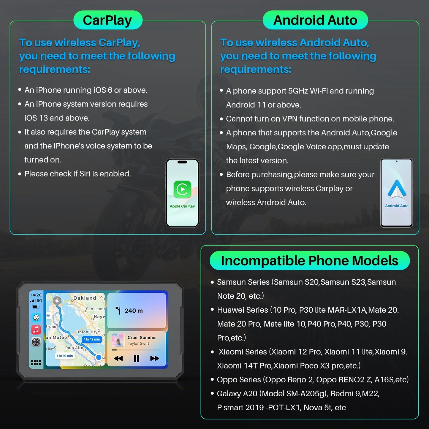 Motorcycle 7 Inch Portable GPS Navigator IP67 Waterproof Android Player HD Display  WiFi 5G Carplay for BMW Motorcycle