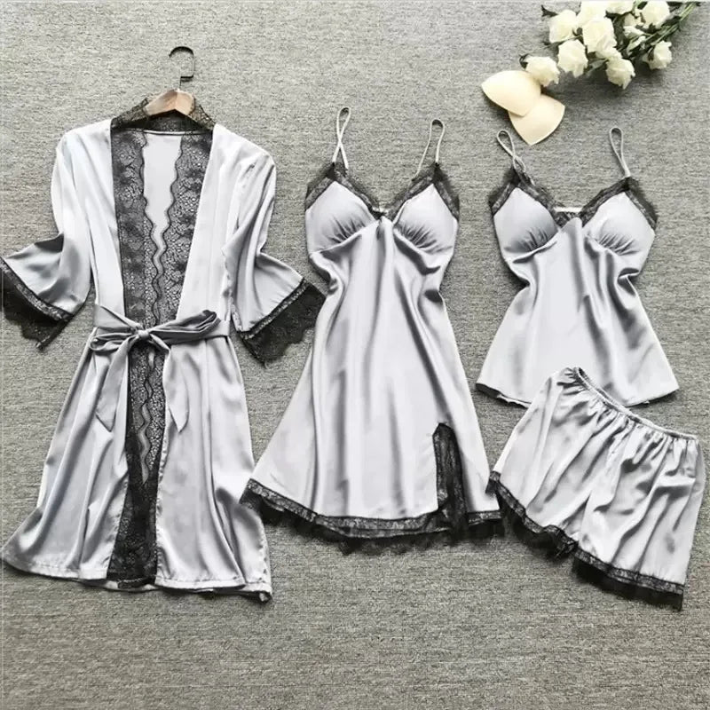 Ladies Ice Silk Sexy 4 Piece Pajama Set Camisole Nightgown with Robe Lace Design Built In Chest Pad Comfortable Loungewear