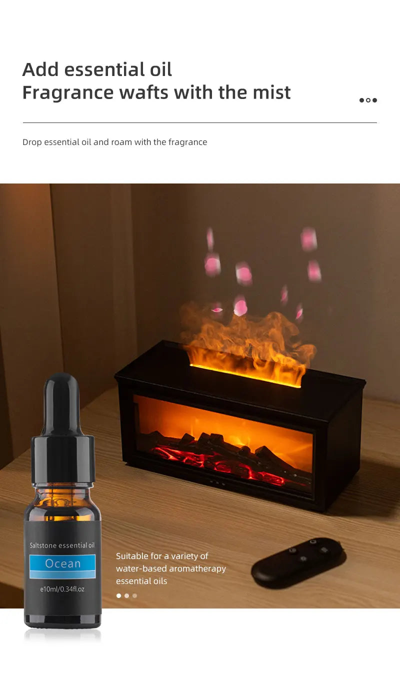 Ultraschall-Aromadiffusor in Kaminoptik – Luftbefeuchter, mit Fernbedienung, ätherisches Öl-Set