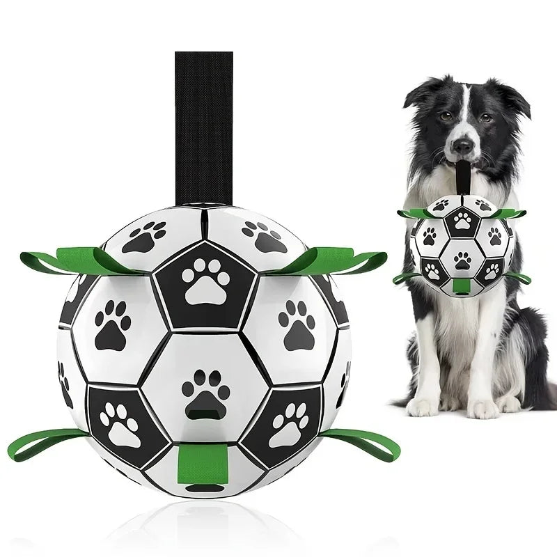 Interactive Dog Toys for Tug of War Dog Soccer Ball with Straps for Indoor Outdoor Dog Tug Toy Sturdy Ball Fetch Toy