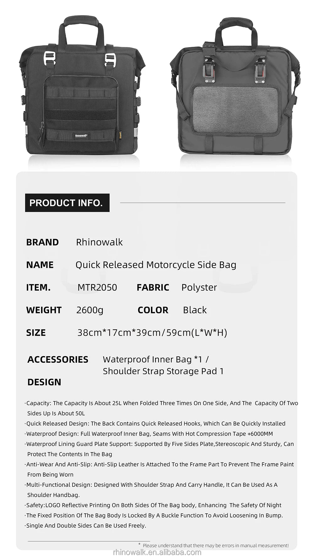 Rhinowalk Motorcycle Side Bag, 25l Motorbike Seat Saddle Tail Bag ADV Motorcycle Rear Rack Travel Luggages - 1 Piece