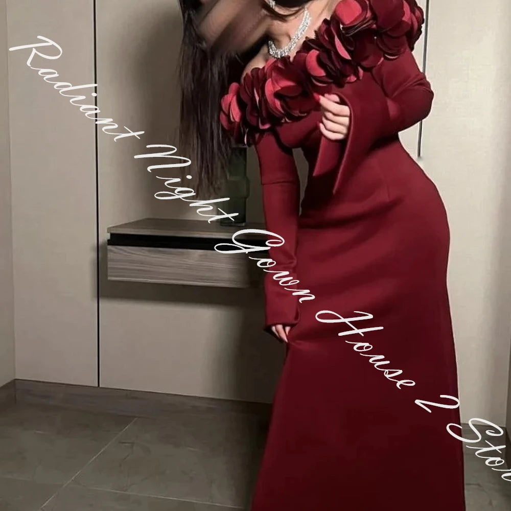 CustomizedTemperament Jersey Straight Off the Shoulder Ruffles Evening Dress Boat Neck Back Slit Long Sleeves Floor Length Burgu