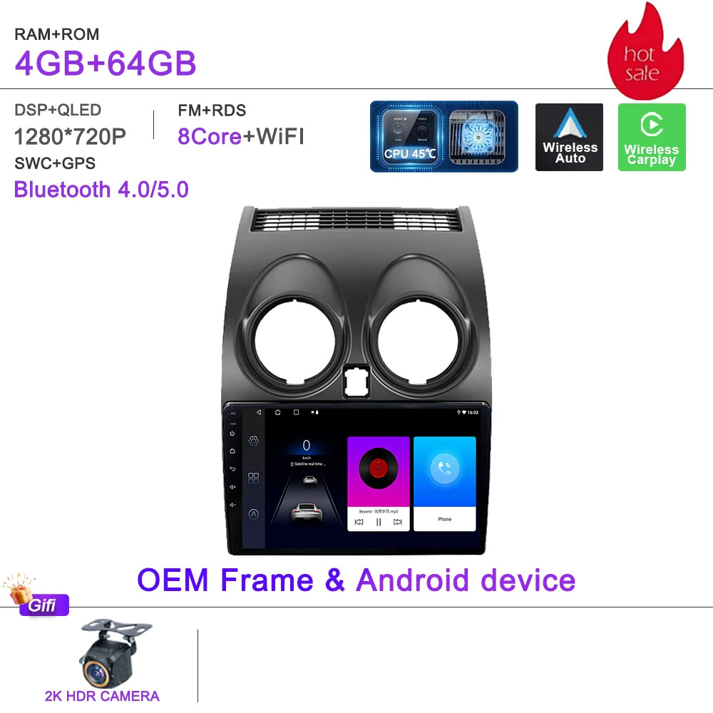 Android 16 Car Radio Carplay For Nissan Qashqai J10 2006 - 2013 Stereo Head Unit Multimedia Player No 2din DVD QLED Screen 5G