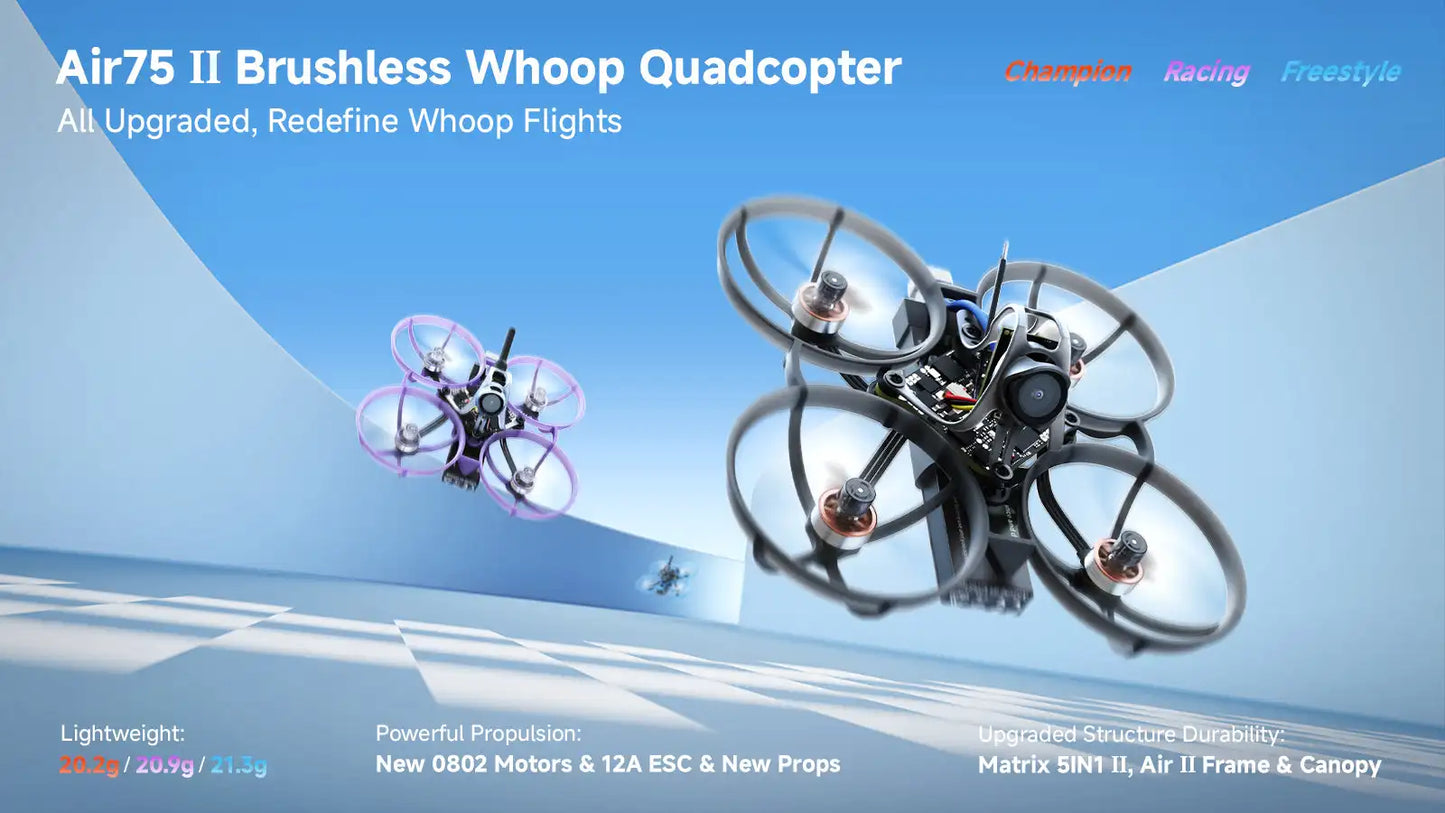 BETAFPV Air75 II 75mm 1S Brushless Whoop, 0802 Motor 22000-28000KV 12A ESC 400mW VTX ELRS 2.4G, for FPV Racing Freestyle Drone