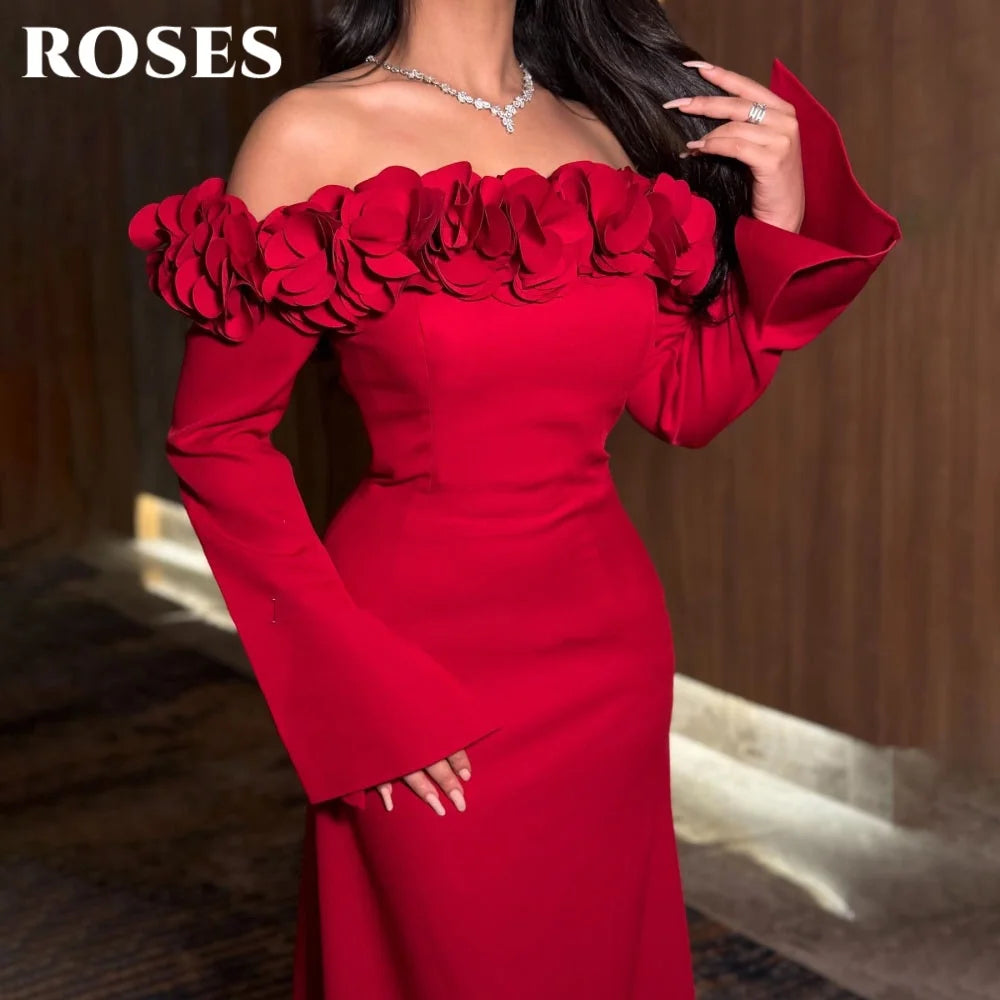 ROSES Red Elegant Party Dresses Off Shoulder Night Dresses with Pleats Satin Full Sleeve Celebrity Dress for Woman Customized