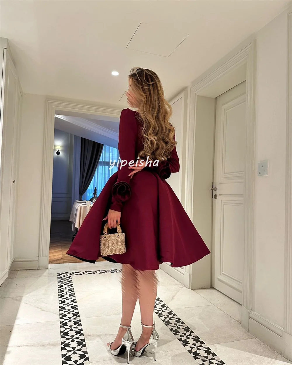 Customized Modern Style High Quality Jersey Pleat Flower A-line Square Neck Knee Length Dresses Bespoke Occasion Dresses Formal