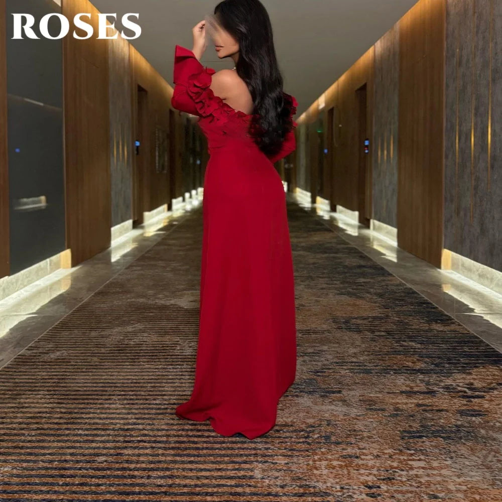 ROSES Red Elegant Party Dresses Off Shoulder Night Dresses with Pleats Satin Full Sleeve Celebrity Dress for Woman Customized