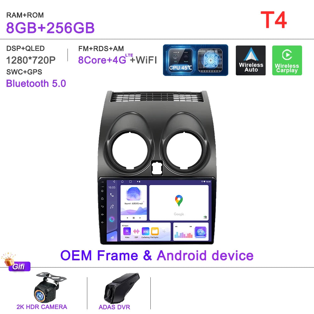 Android 16 Car Radio Carplay For Nissan Qashqai J10 2006 - 2013 Stereo Head Unit Multimedia Player No 2din DVD QLED Screen 5G