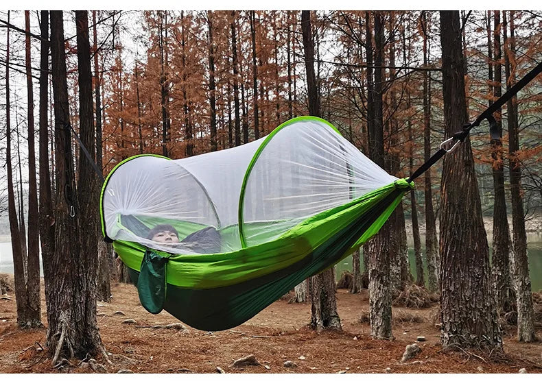 260*140cm Automatic Quick-opening Mosquito Net Hammock Outdoor Camping Bed Pole Anti-rollover Nylon Hammock with Mosquito Net