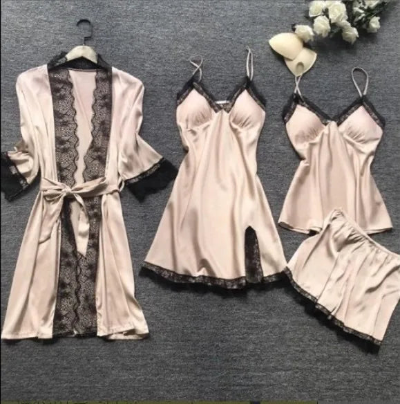 Ladies Ice Silk Sexy 4 Piece Pajama Set Camisole Nightgown with Robe Lace Design Built In Chest Pad Comfortable Loungewear
