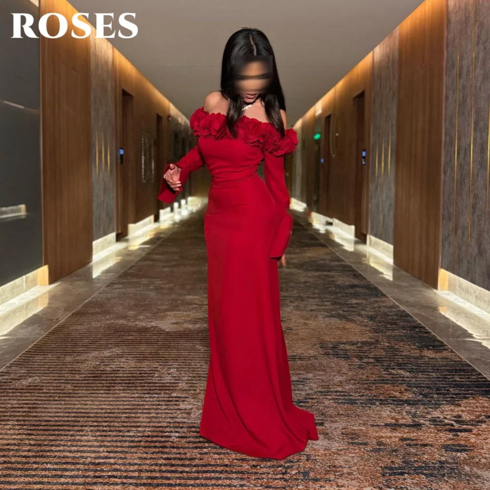 ROSES Red Elegant Party Dresses Off Shoulder Night Dresses with Pleats Satin Full Sleeve Celebrity Dress for Woman Customized