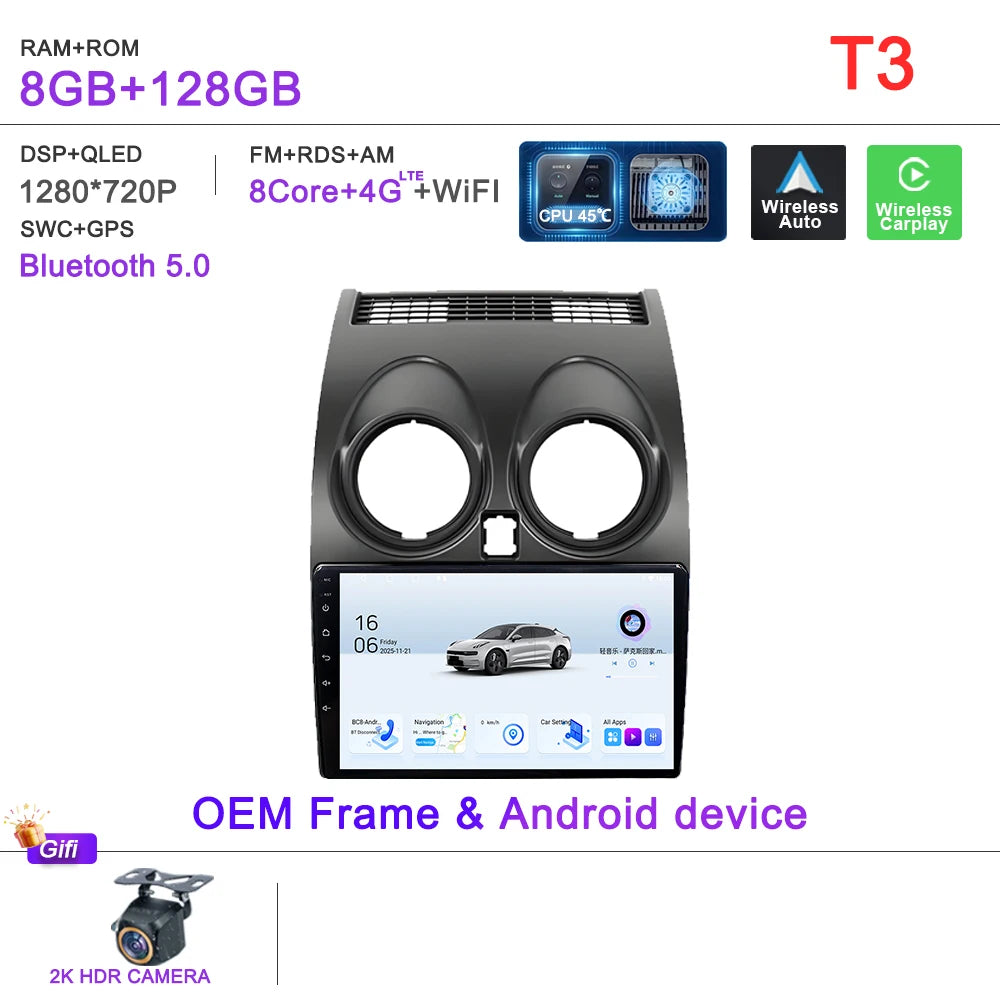 Android 16 Car Radio Carplay For Nissan Qashqai J10 2006 - 2013 Stereo Head Unit Multimedia Player No 2din DVD QLED Screen 5G
