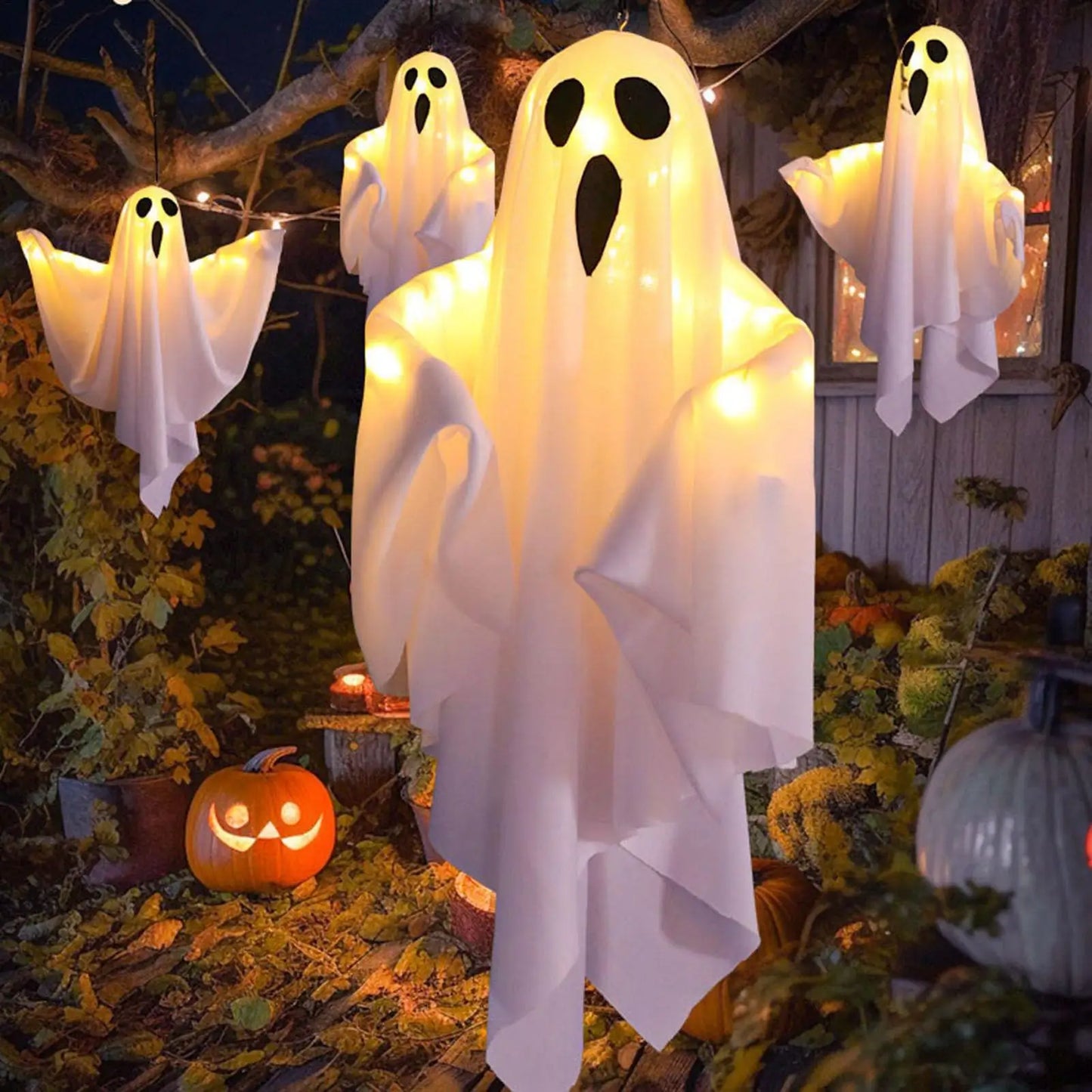 Light Up Halloween LED Ghost Hangs Decoration White Flying Ghosts Tree Ornaments Halloween Pendant For House Party Supplies